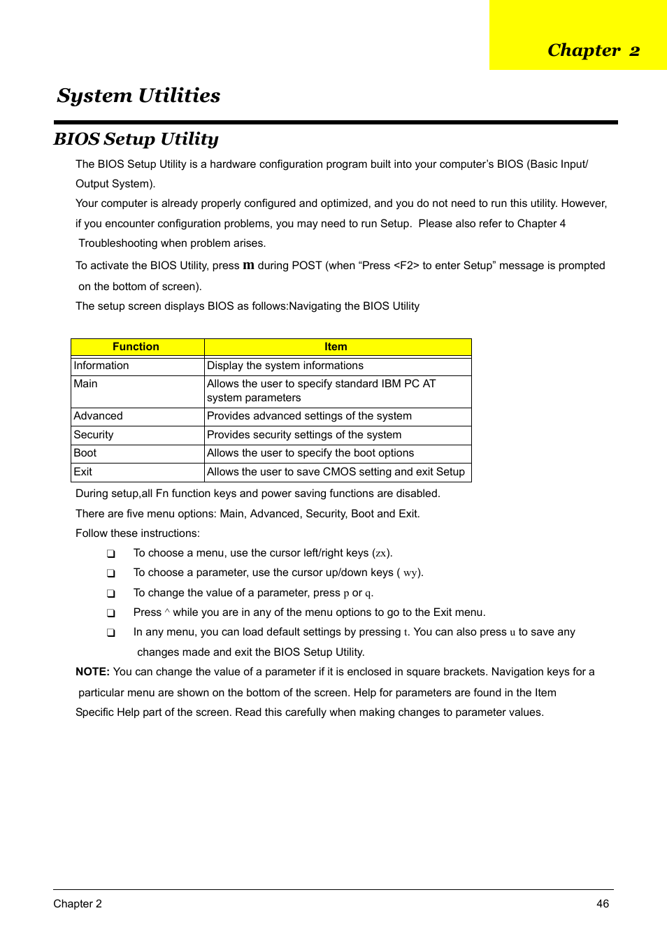 System utilities, Bios setup utility, Chapter2 system utilities 46 | Bios setup utility 46, Chapter 2 | Acer 5600 User Manual | Page 52 / 129
