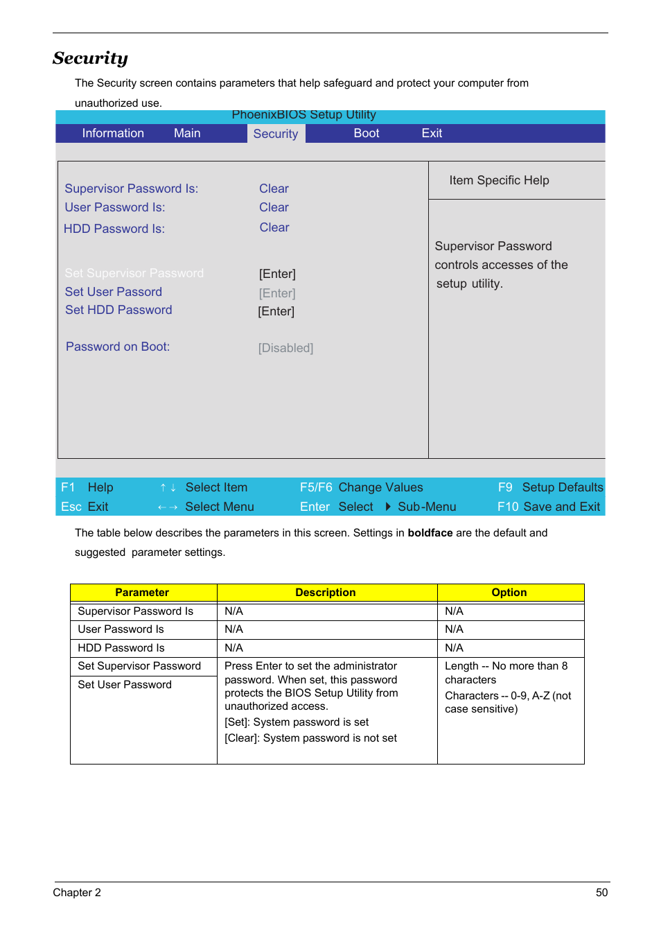Security, Security 50 | Acer 5600 User Manual | Page 56 / 129