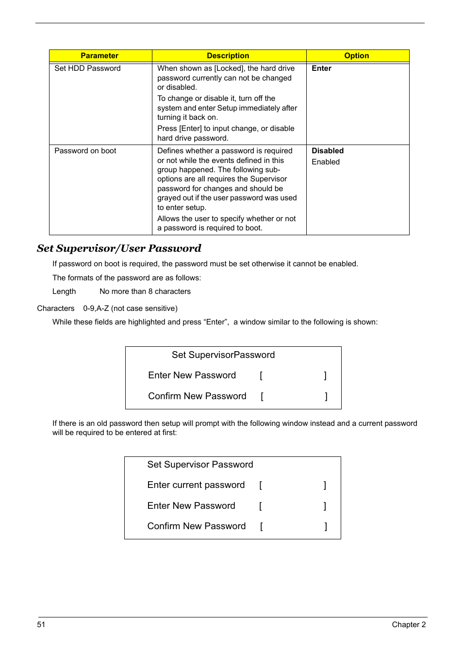 Set supervisor/user password, Characters 0-9,a-z (not case sensitive) | Acer 5600 User Manual | Page 57 / 129