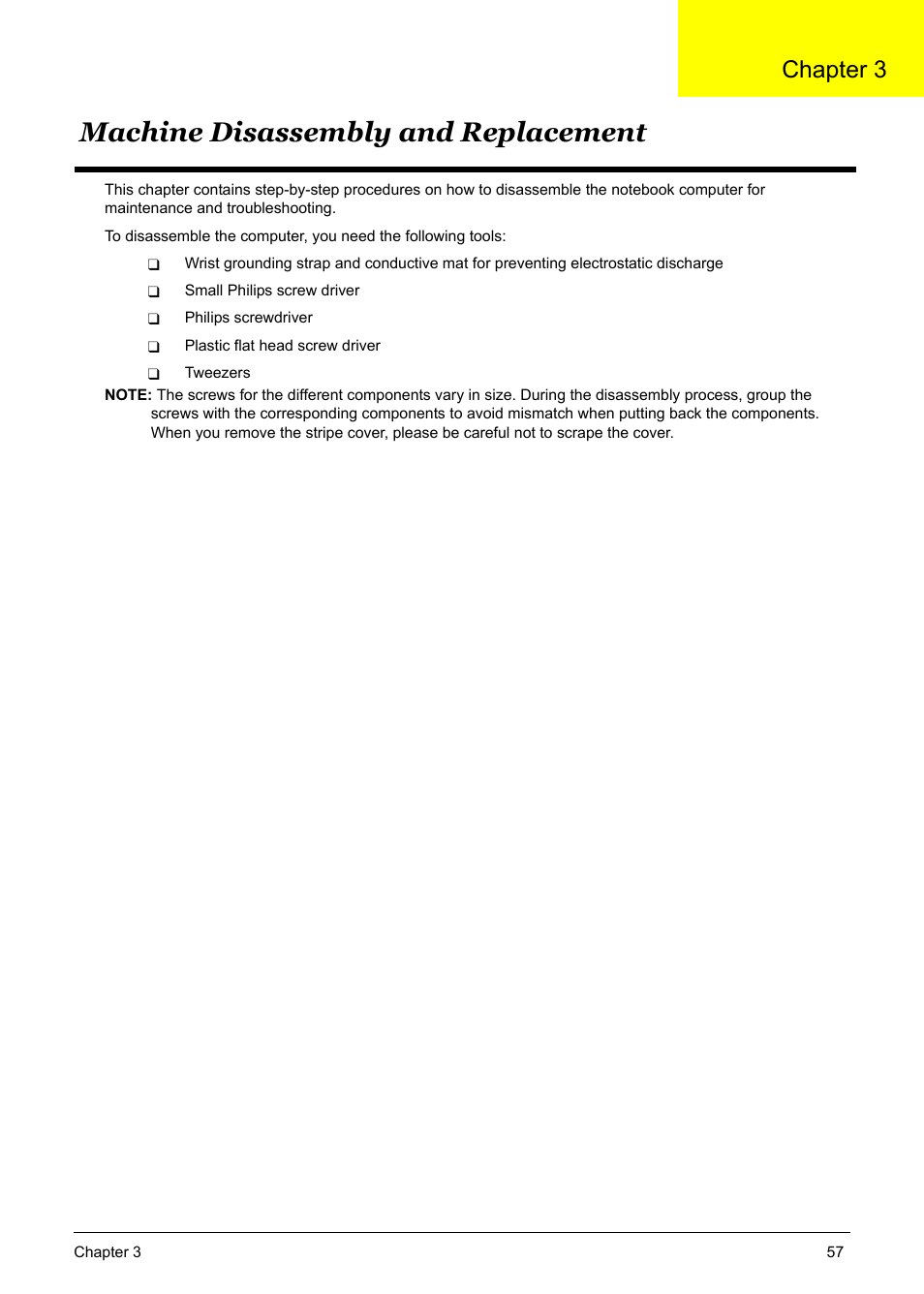Machine disassembly and replacement, Chapter3 machine disassembly and replacement 57, Chapter 3 | Acer 5600 User Manual | Page 64 / 129
