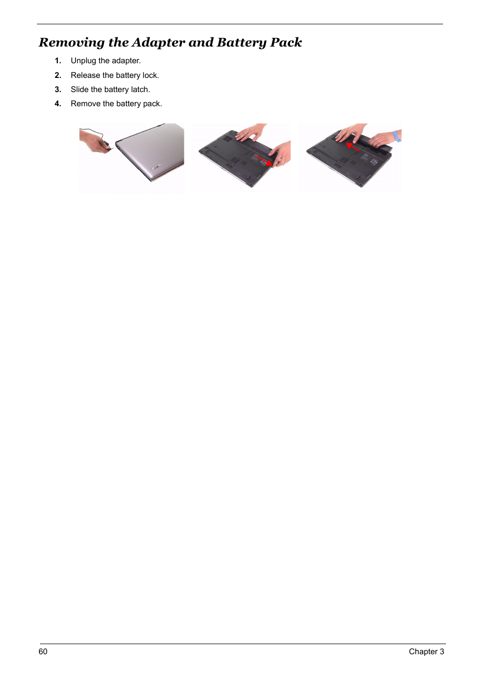 Removing the adapter and battery pack, Removing the adapter and battery pack 60 | Acer 5600 User Manual | Page 67 / 129