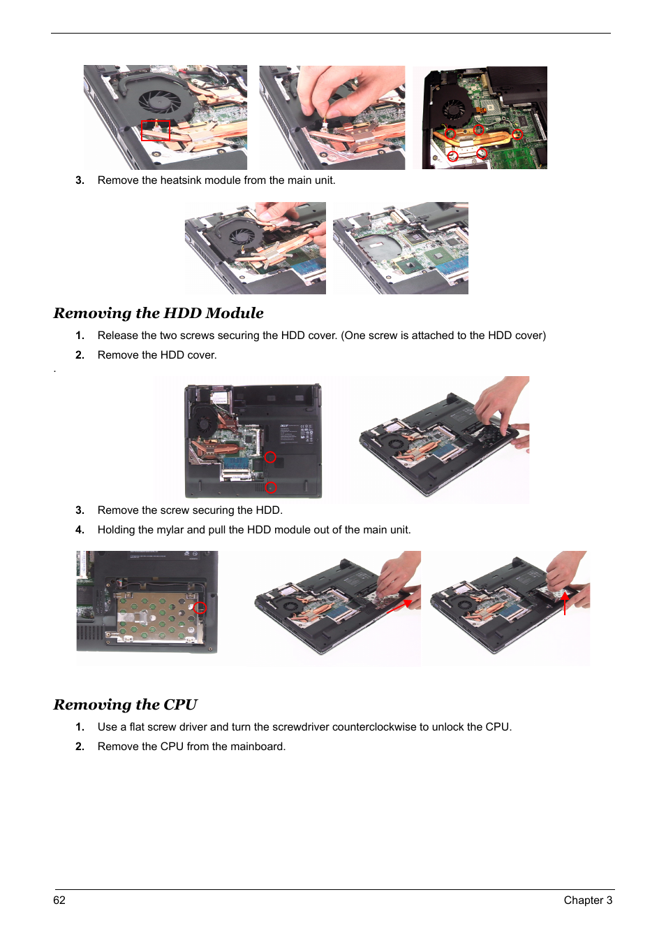 Removing the hdd module, Removing the cpu | Acer 5600 User Manual | Page 69 / 129