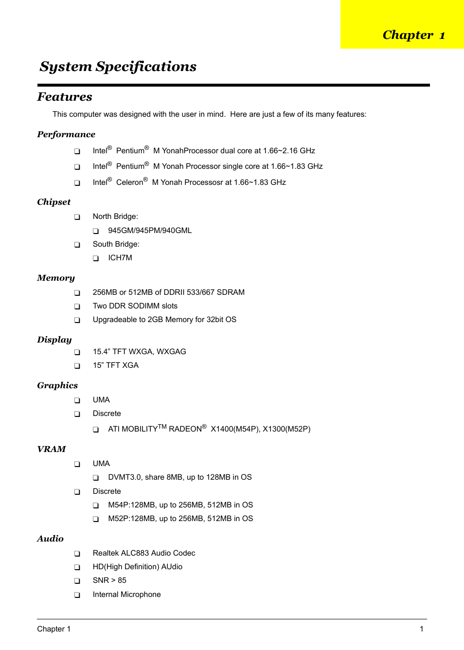 System specifications, Features, Chapter1 system specifications 1 | Chapter 1 | Acer 5600 User Manual | Page 7 / 129