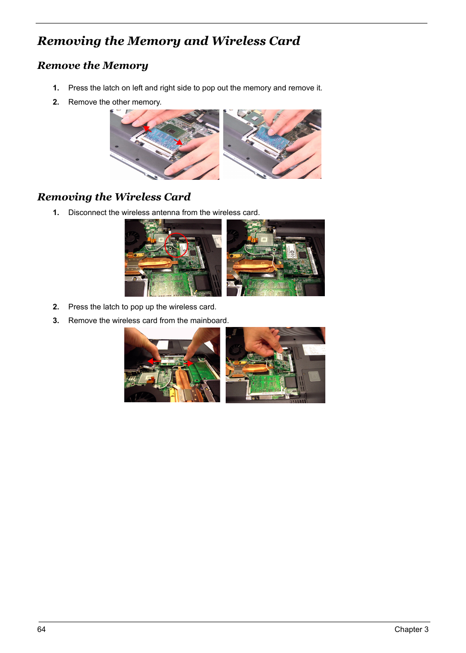 Removing the memory and wireless card, Remove the memory, Removing the wireless card | Removing the memory and wireless card 64 | Acer 5600 User Manual | Page 71 / 129