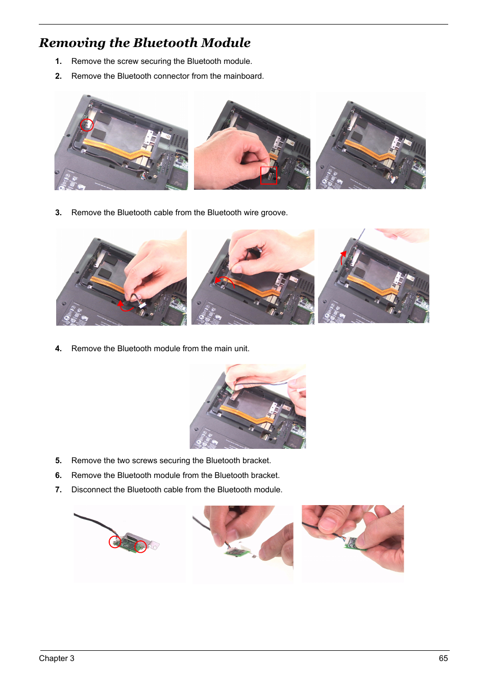 Removing the bluetooth module, Removing the bluetooth module 65 | Acer 5600 User Manual | Page 72 / 129