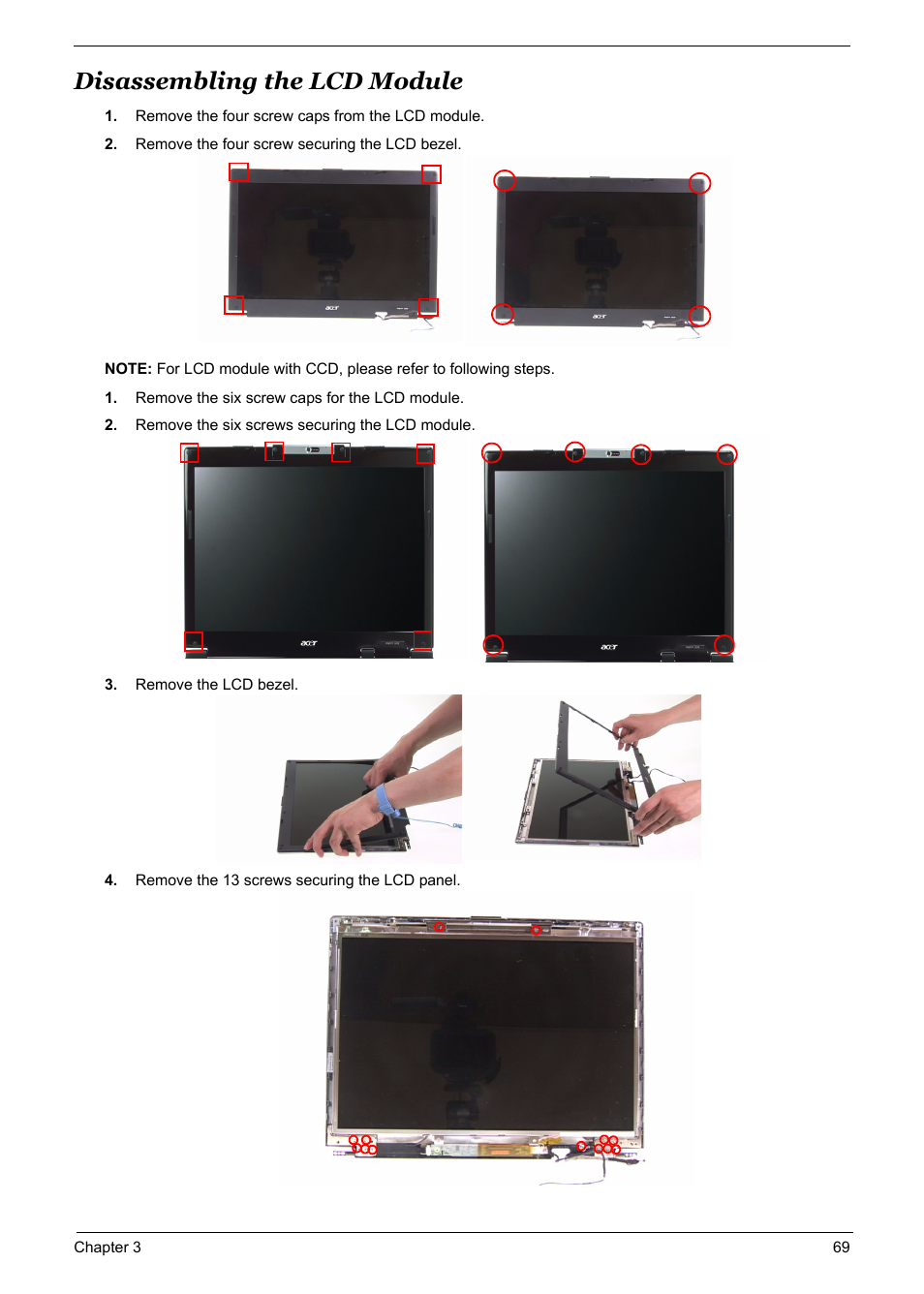 Disassembling the lcd module, Disassembling the lcd module 69 | Acer 5600 User Manual | Page 76 / 129