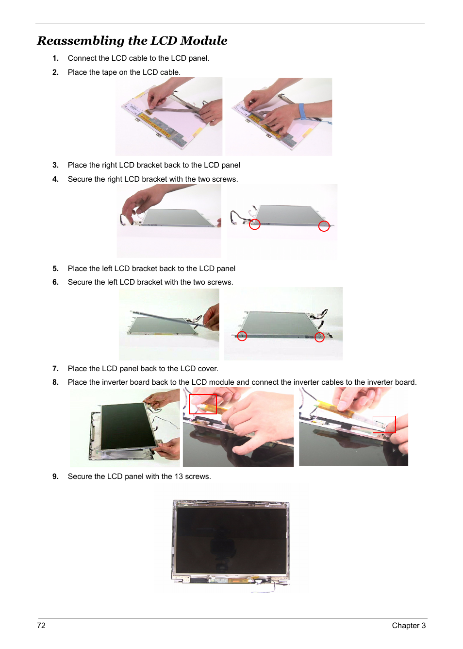 Reassembling the lcd module, Reassembling the lcd module 72 | Acer 5600 User Manual | Page 79 / 129