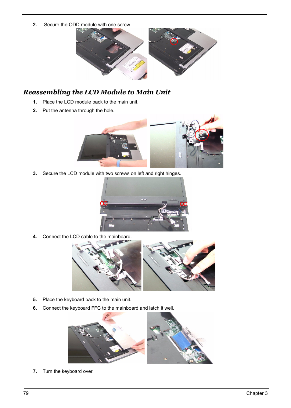 Reassembling the lcd module to main unit | Acer 5600 User Manual | Page 87 / 129