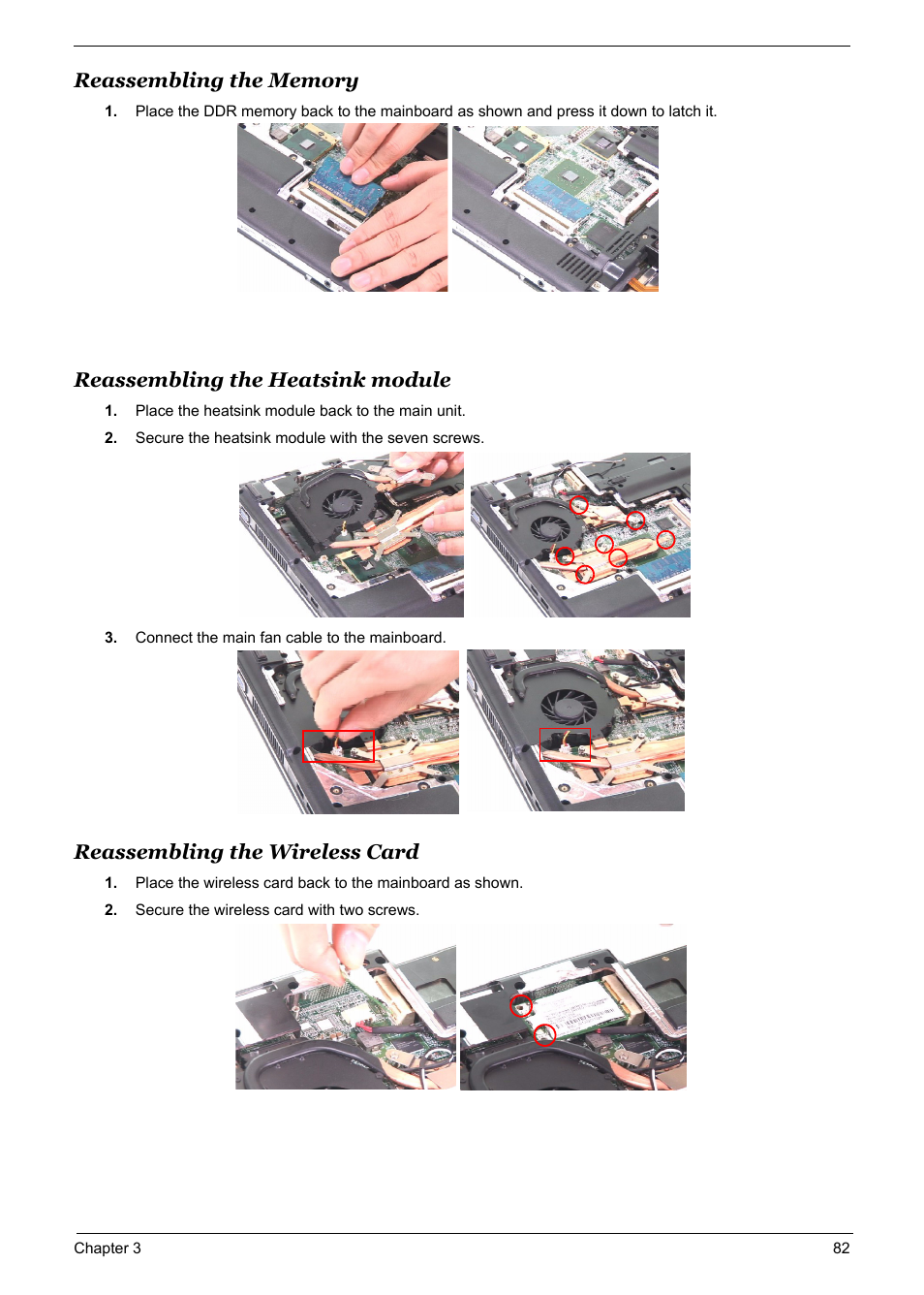 Reassembling the memory, Reassembling the heatsink module, Reassembling the wireless card | Acer 5600 User Manual | Page 90 / 129