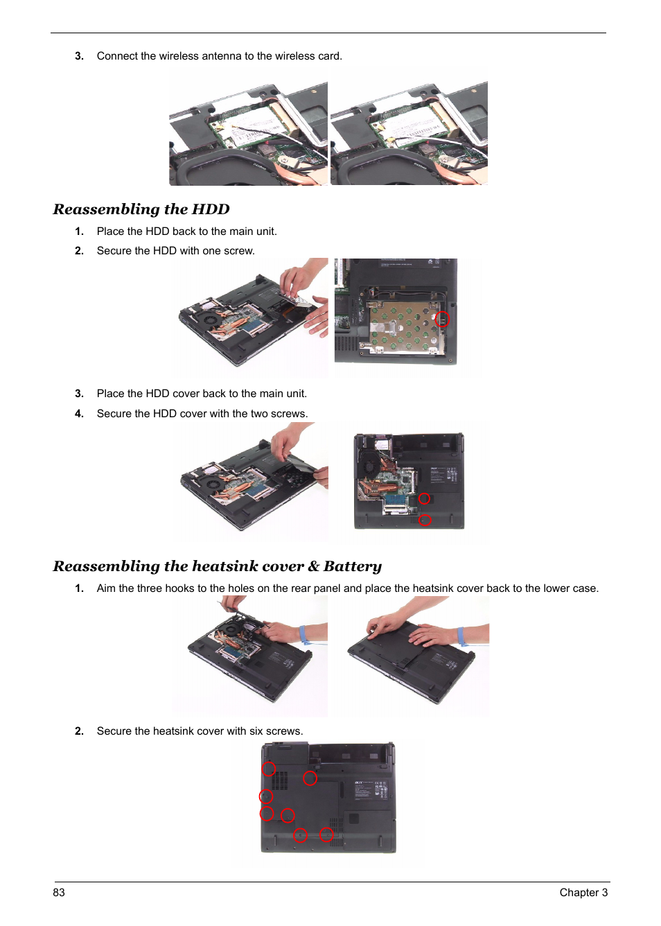 Reassembling the hdd, Reassembling the heatsink cover & battery | Acer 5600 User Manual | Page 91 / 129