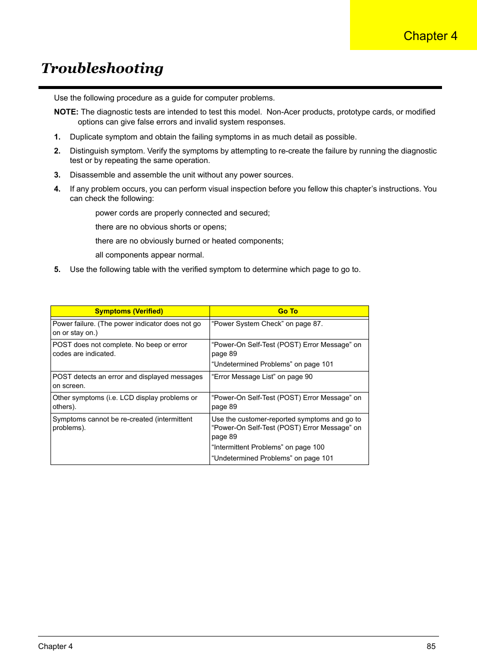 Troubleshooting, Chapter4 troubleshooting 85, Chapter 4 | Acer 5600 User Manual | Page 94 / 129