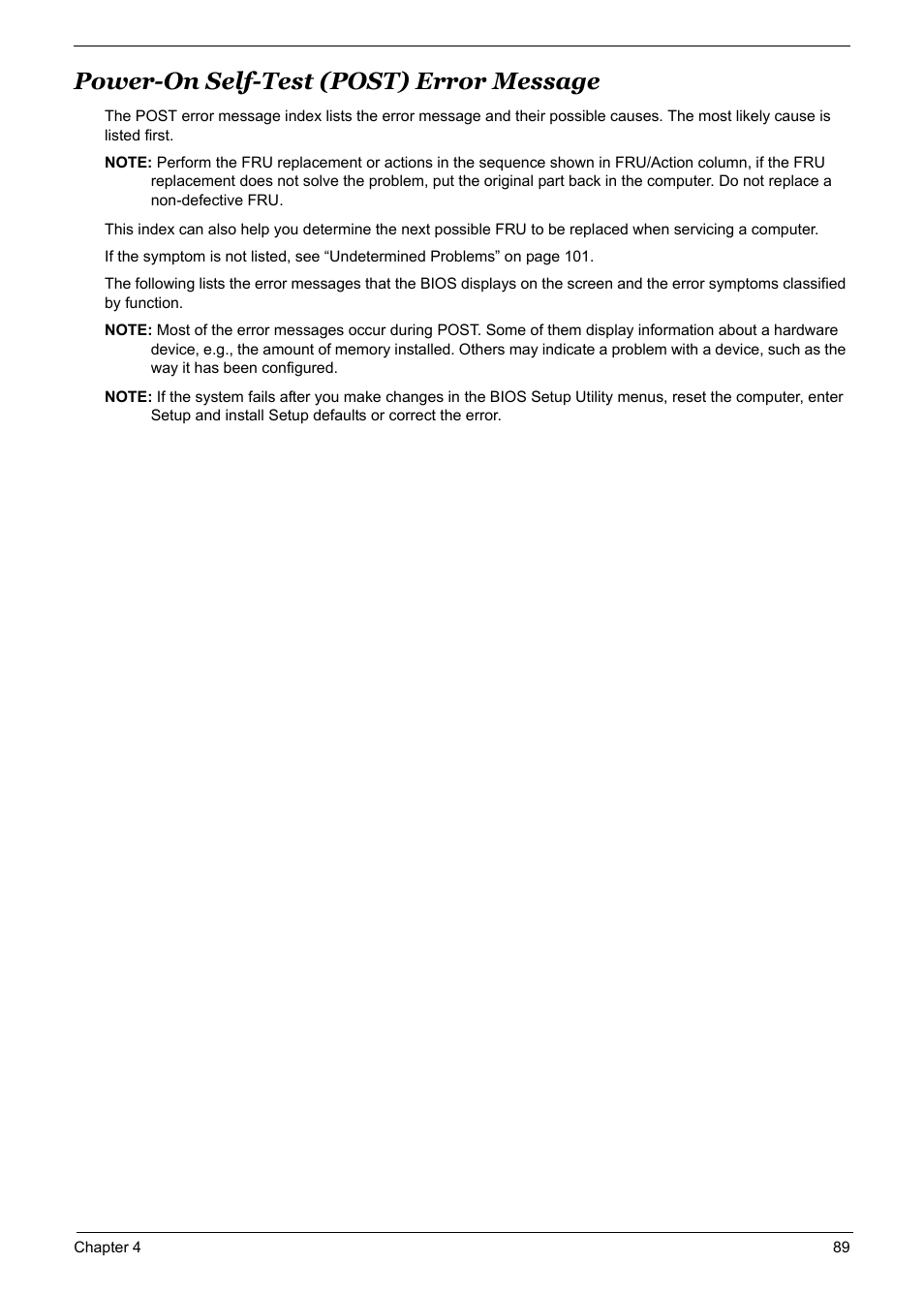 Power-on self-test (post) error message, Power-on self-test (post) error message 89 | Acer 5600 User Manual | Page 98 / 129