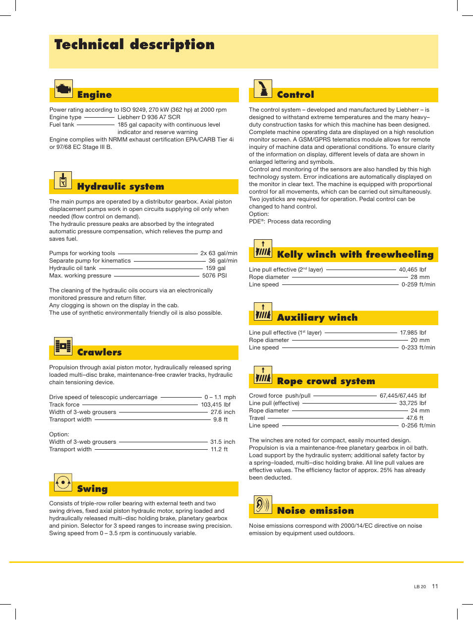 Technical description, Hydraulic system, Swing | Auxiliary winch, Crawlers, Control, Noise emission, Rope crowd system, Engine, Kelly winch with freewheeling | Liebherr LB 20 User Manual | Page 11 / 12