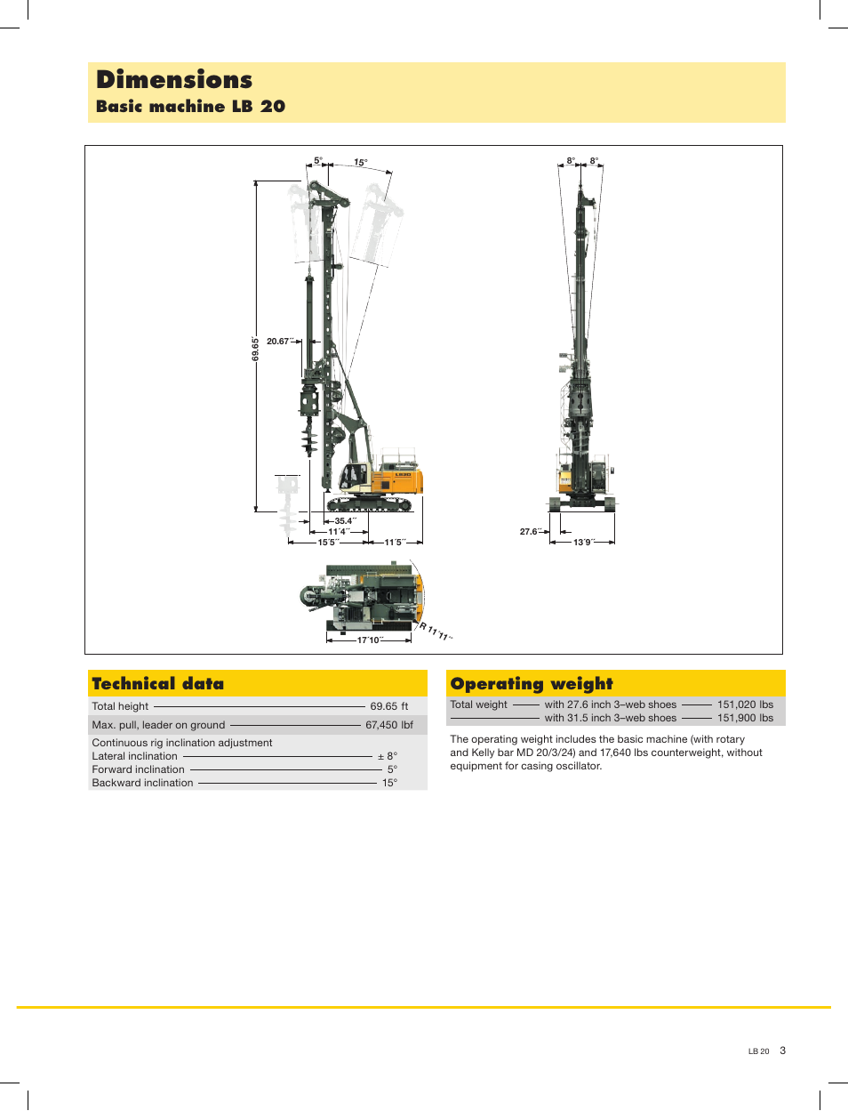 Dimensions, Technical data, Operating weight | Basic machine lb 20 | Liebherr LB 20 User Manual | Page 3 / 12