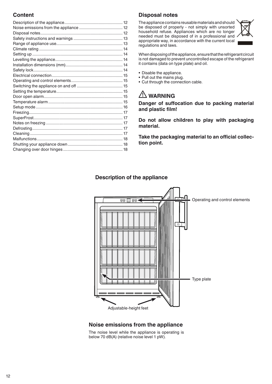 Warning, Description of the appliance content, Noise emissions from the appliance | Liebherr GGU 1500 Premium User Manual | Page 2 / 11