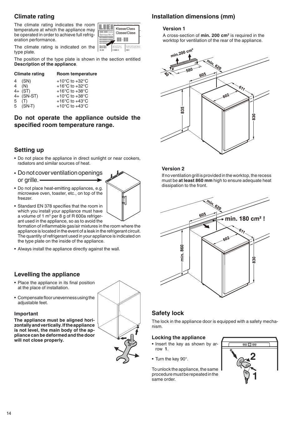 Levelling the appliance, Safety lock, Installation dimensions (mm) | Setting up, Do not cover ventilation openings or grille, Climate rating | Liebherr GGU 1500 Premium User Manual | Page 4 / 11