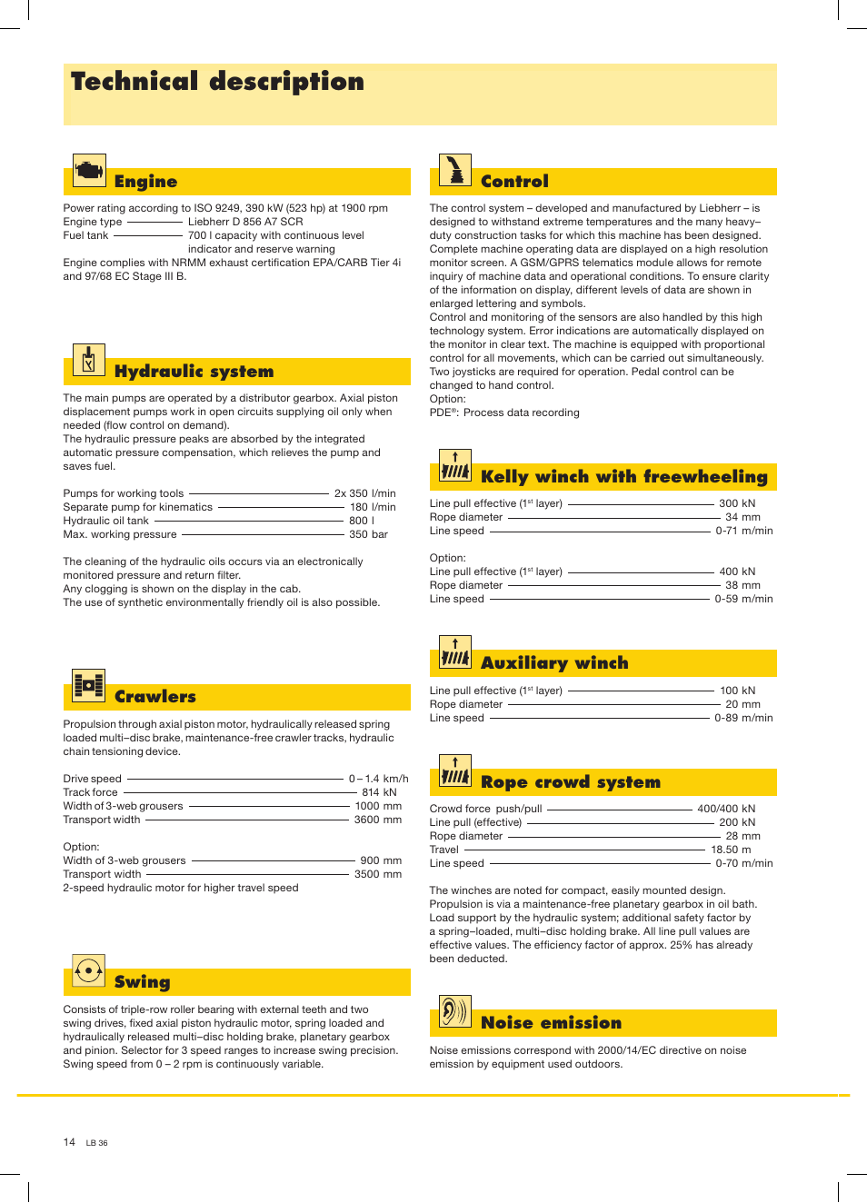 Technical description, Hydraulic system, Swing | Auxiliary winch, Crawlers, Control, Noise emission, Rope crowd system, Engine, Kelly winch with freewheeling | Liebherr LB 36 User Manual | Page 14 / 16