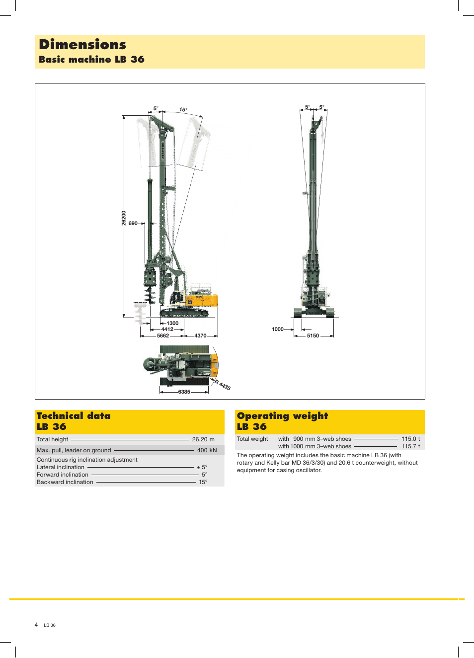Dimensions, Basic machine lb 36 technical data lb 36, Operating weight lb 36 | Liebherr LB 36 User Manual | Page 4 / 16