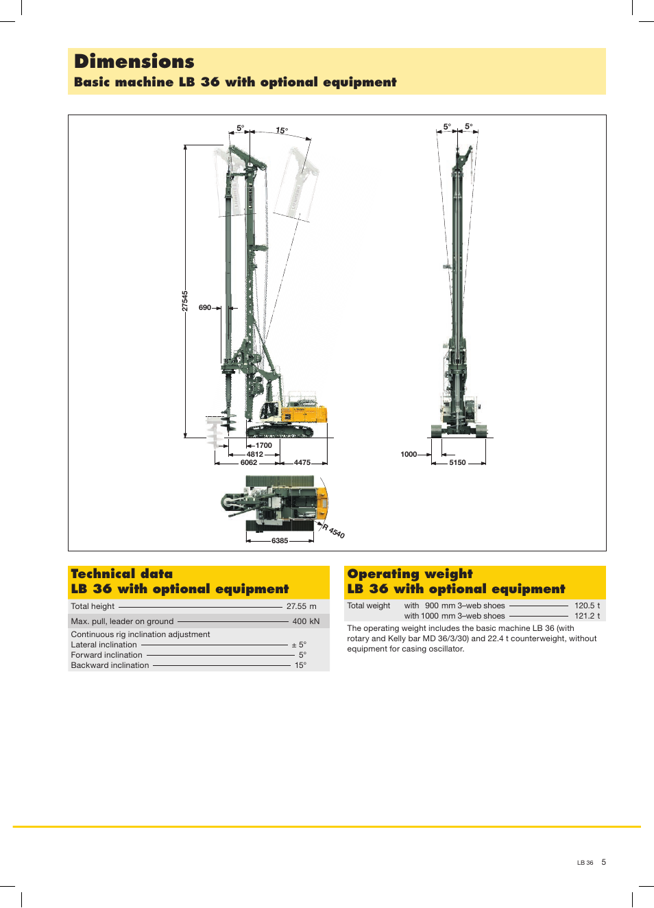 Dimensions, Operating weight lb 36 with optional equipment | Liebherr LB 36 User Manual | Page 5 / 16