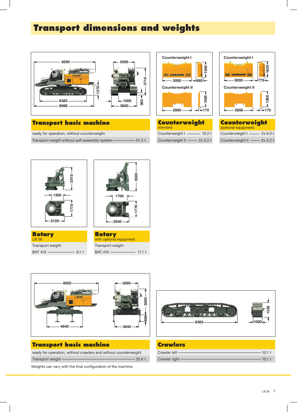 Transport dimensions and weights, Rotary, Transport basic machine | Crawlers, Counterweight | Liebherr LB 36 User Manual | Page 7 / 16