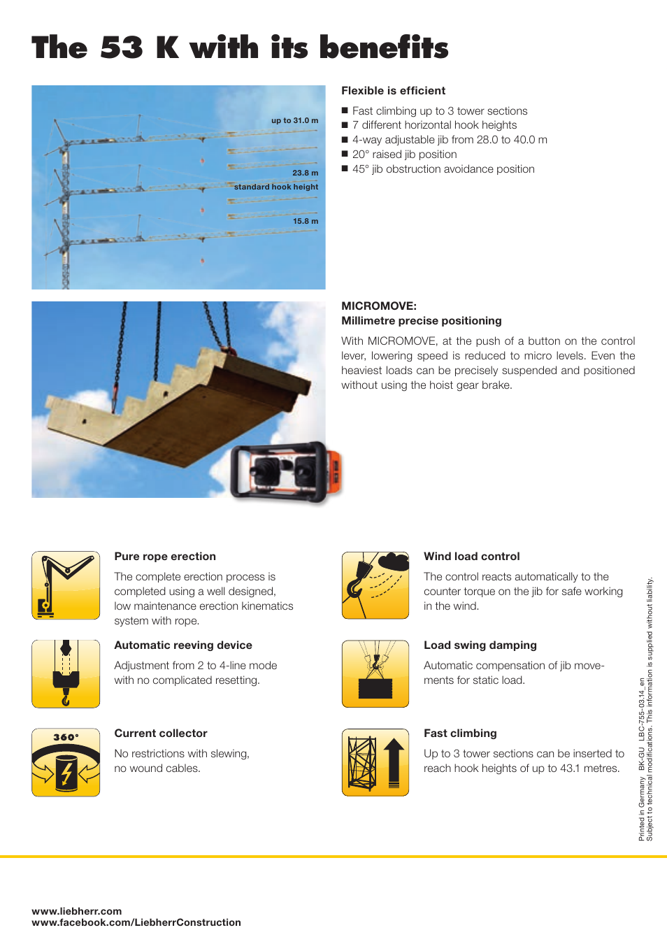 The 53 k with its benefits, Flexible is efficient, 7 different horizontal hook heights | 20° raised jib position | Liebherr 53 K User Manual | Page 4 / 4