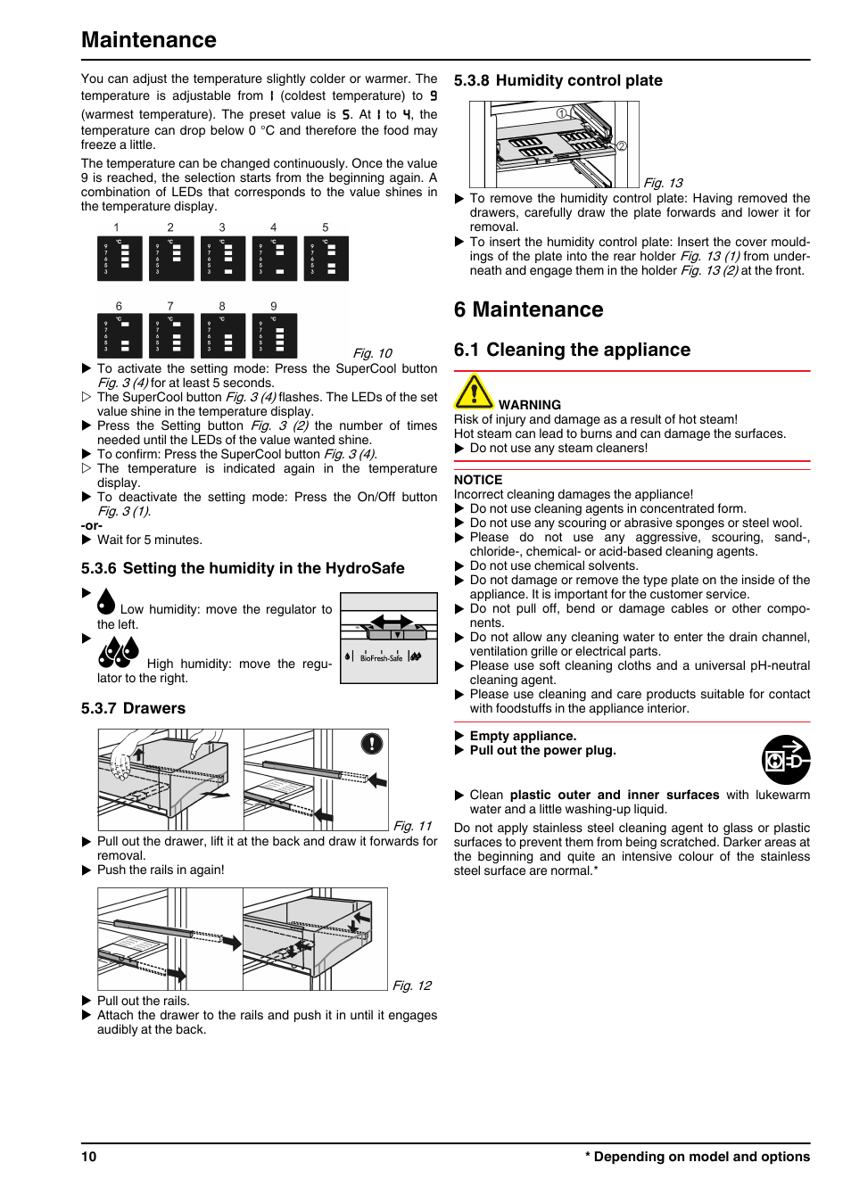 6setting the humidity in the hydrosafe, 7drawers, 8humidity control plate | 6maintenance, 1cleaning the appliance, 6 maintenance, Maintenance, 1 cleaning the appliance | Liebherr KB 4210 Comfort BioFresh User Manual | Page 10 / 12