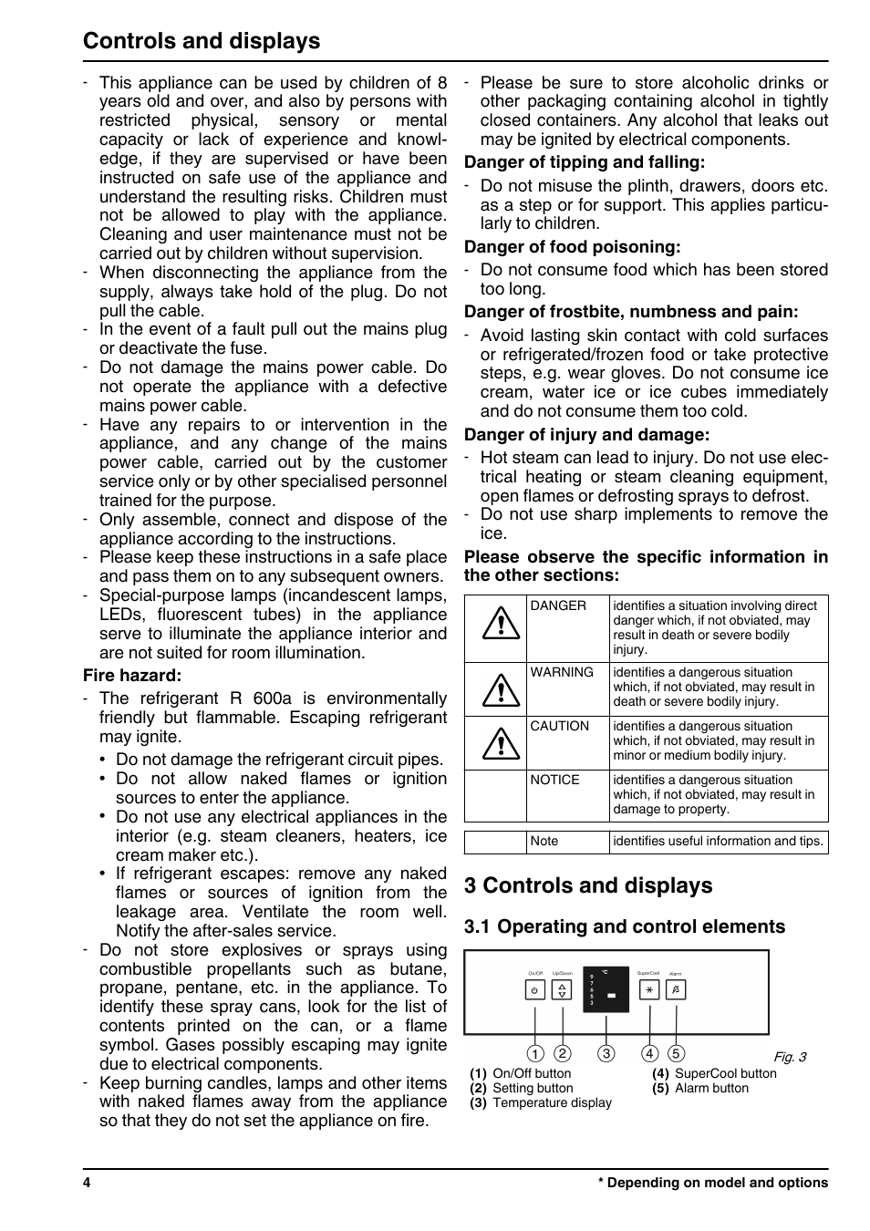 3controls and displays, 1operating and control elements, 3 controls and displays | Controls and displays | Liebherr KB 4210 Comfort BioFresh User Manual | Page 4 / 12