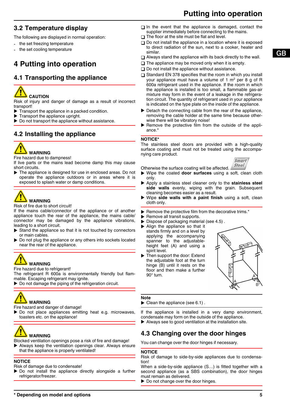 2temperature display, 4putting into operation, 1transporting the appliance | 2installing the appliance, 3changing over the door hinges, 4 putting into operation, Putting into operation, 2 temperature display, 1 transporting the appliance, 2 installing the appliance | Liebherr KB 4210 Comfort BioFresh User Manual | Page 5 / 12