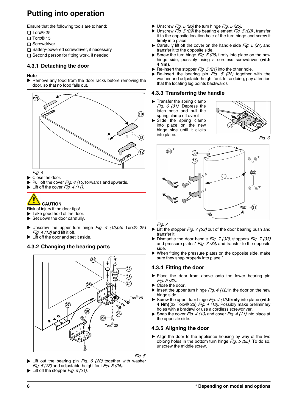 1detaching the door, 2changing the bearing parts, 3transferring the handle | 4fitting the door, 5aligning the door, Putting into operation | Liebherr KB 4210 Comfort BioFresh User Manual | Page 6 / 12