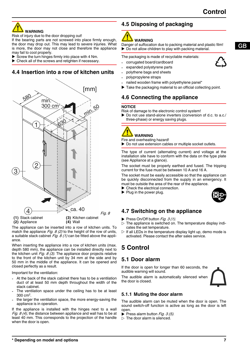 4insertion into a row of kitchen units, 5disposing of packaging, 6connecting the appliance | 7switching on the appliance, 5control, 1door alarm, 1muting the door alarm, 5 control, Control, 4 insertion into a row of kitchen units | Liebherr KB 4210 Comfort BioFresh User Manual | Page 7 / 12
