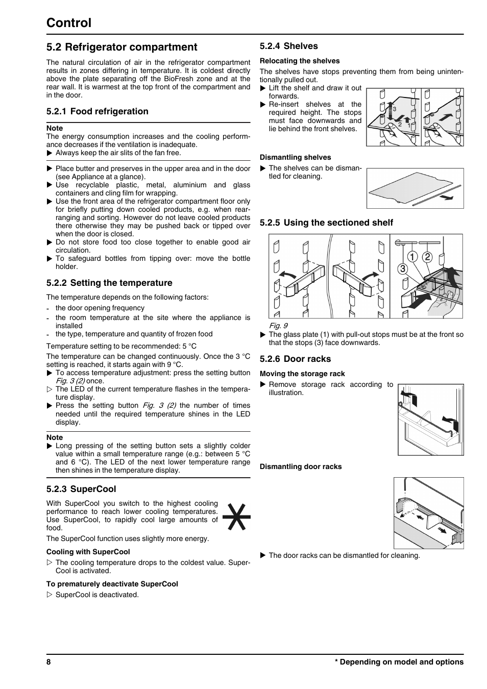 2refrigerator compartment, 1food refrigeration, 2setting the temperature | 3supercool, 4shelves, 5using the sectioned shelf, 6door racks, Control, 2 refrigerator compartment | Liebherr KB 4210 Comfort BioFresh User Manual | Page 8 / 12