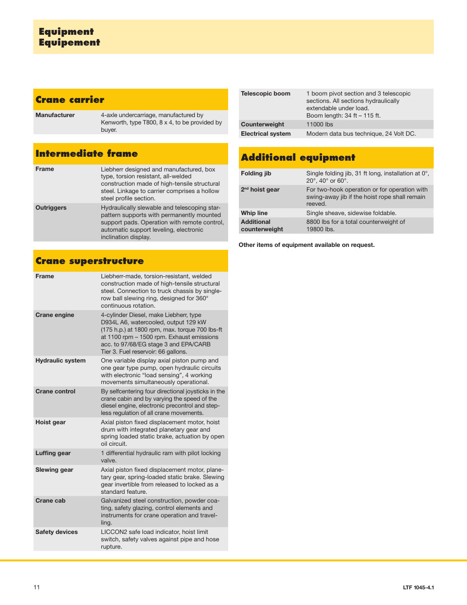 Equipment equipement crane carrier, Additional equipment, Crane superstructure | Intermediate frame | Liebherr LTF 1045-4.1 Kenworth User Manual | Page 11 / 14