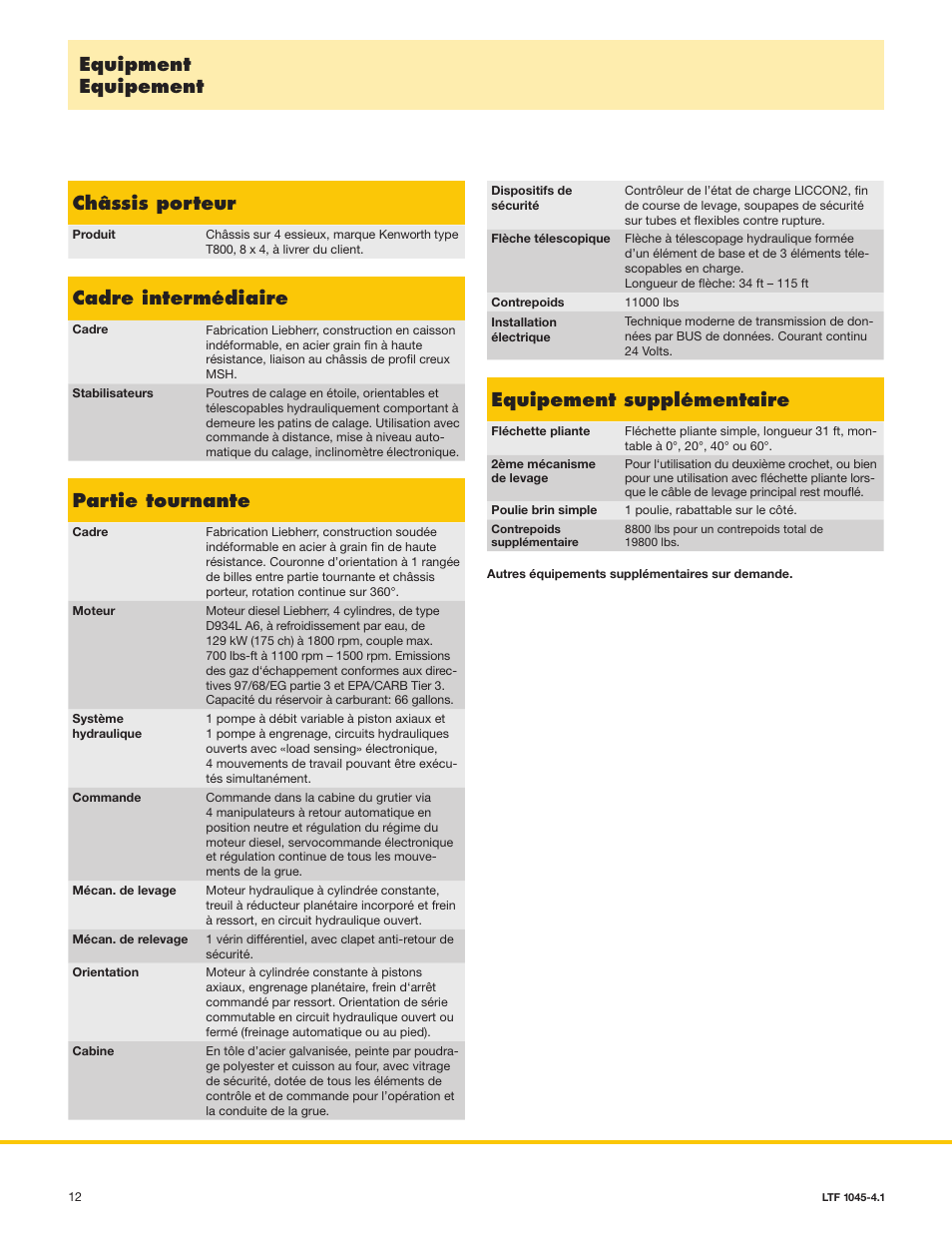 Equipment equipement châssis porteur, Equipement supplémentaire, Partie tournante | Cadre intermédiaire | Liebherr LTF 1045-4.1 Kenworth User Manual | Page 12 / 14