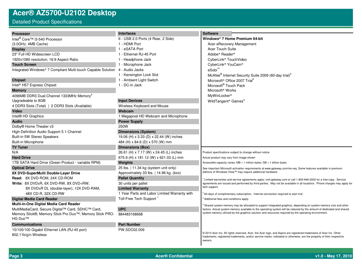 Detailed product specifications | Acer AZ5700-U2102 Desktop BTS 2010 User Manual | Page 3 / 3