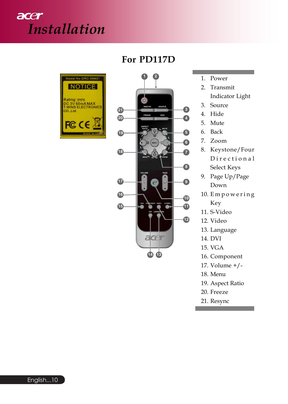 Installation, For pd117d | Acer PD126D series User Manual | Page 12 / 47