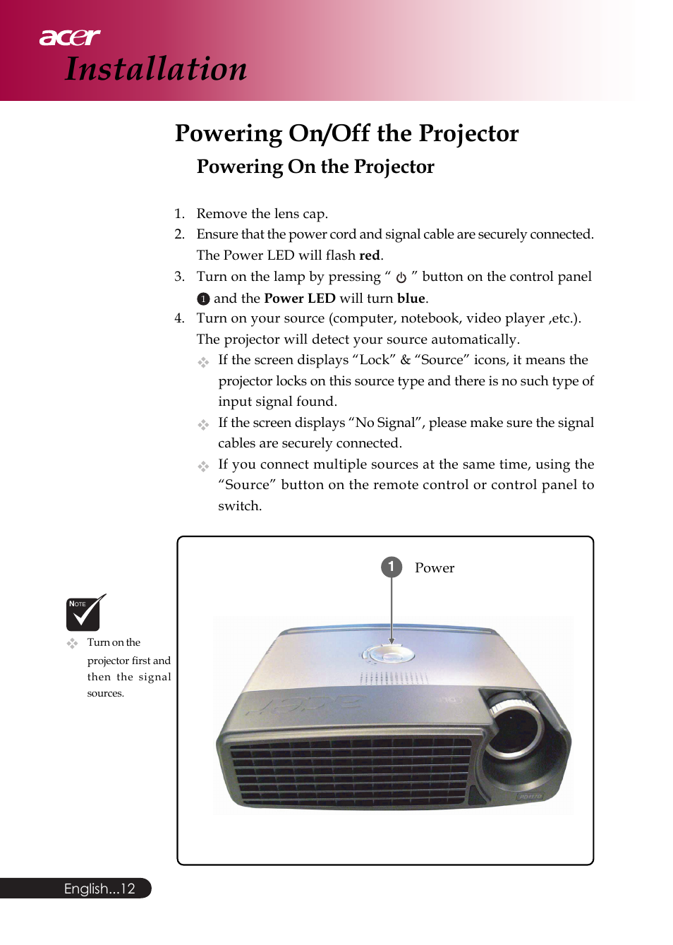 Installation, Powering on/off the projector, Powering on the projector | Acer PD126D series User Manual | Page 14 / 47