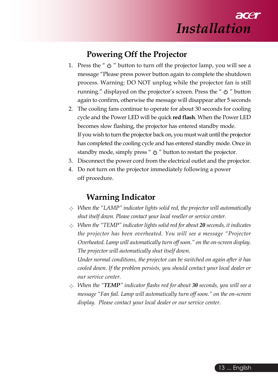 Installation, Powering off the projector, Warning indicator | Acer PD126D series User Manual | Page 15 / 47