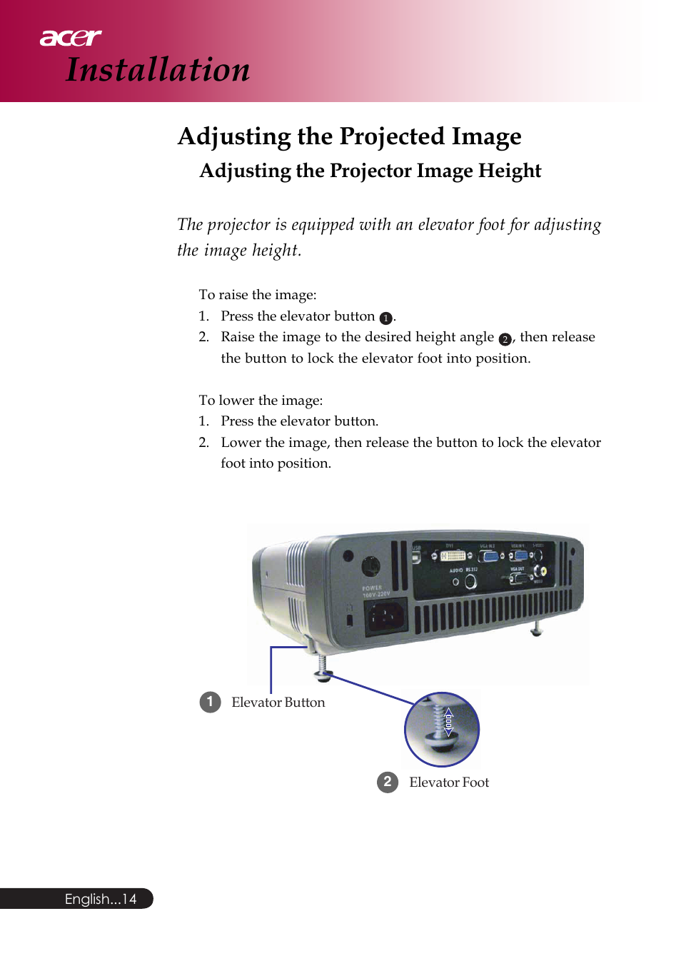 Installation, Adjusting the projected image, Adjusting the projector image height | Acer PD126D series User Manual | Page 16 / 47