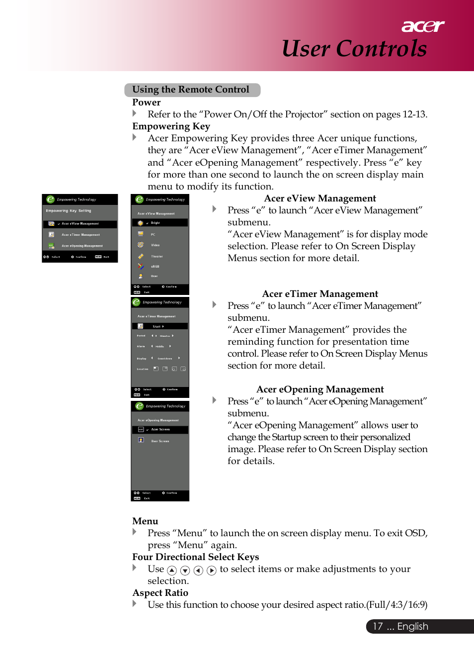 User controls | Acer PD126D series User Manual | Page 19 / 47