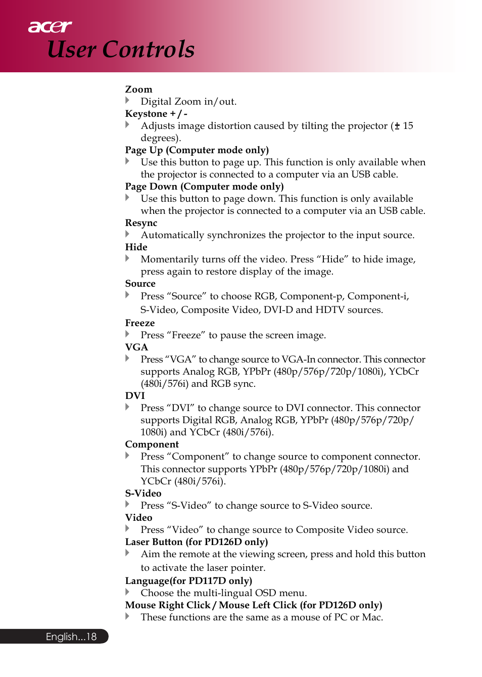 User controls | Acer PD126D series User Manual | Page 20 / 47