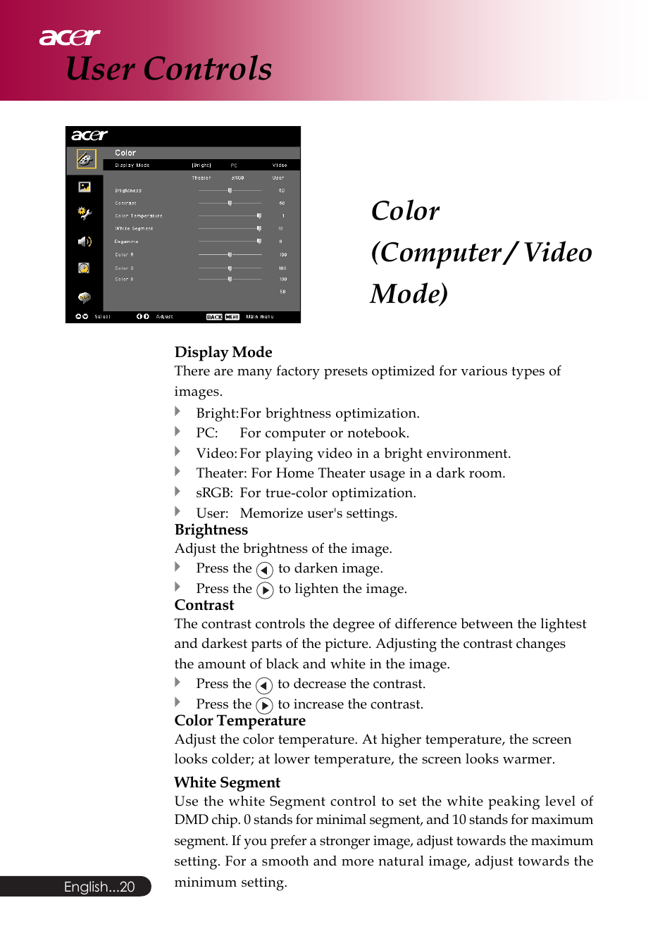 User controls, Color (computer / video mode) | Acer PD126D series User Manual | Page 22 / 47