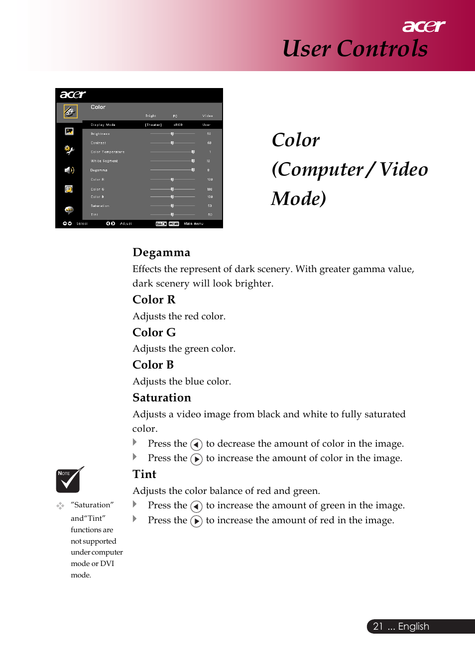 User controls, Color (computer / video mode) | Acer PD126D series User Manual | Page 23 / 47