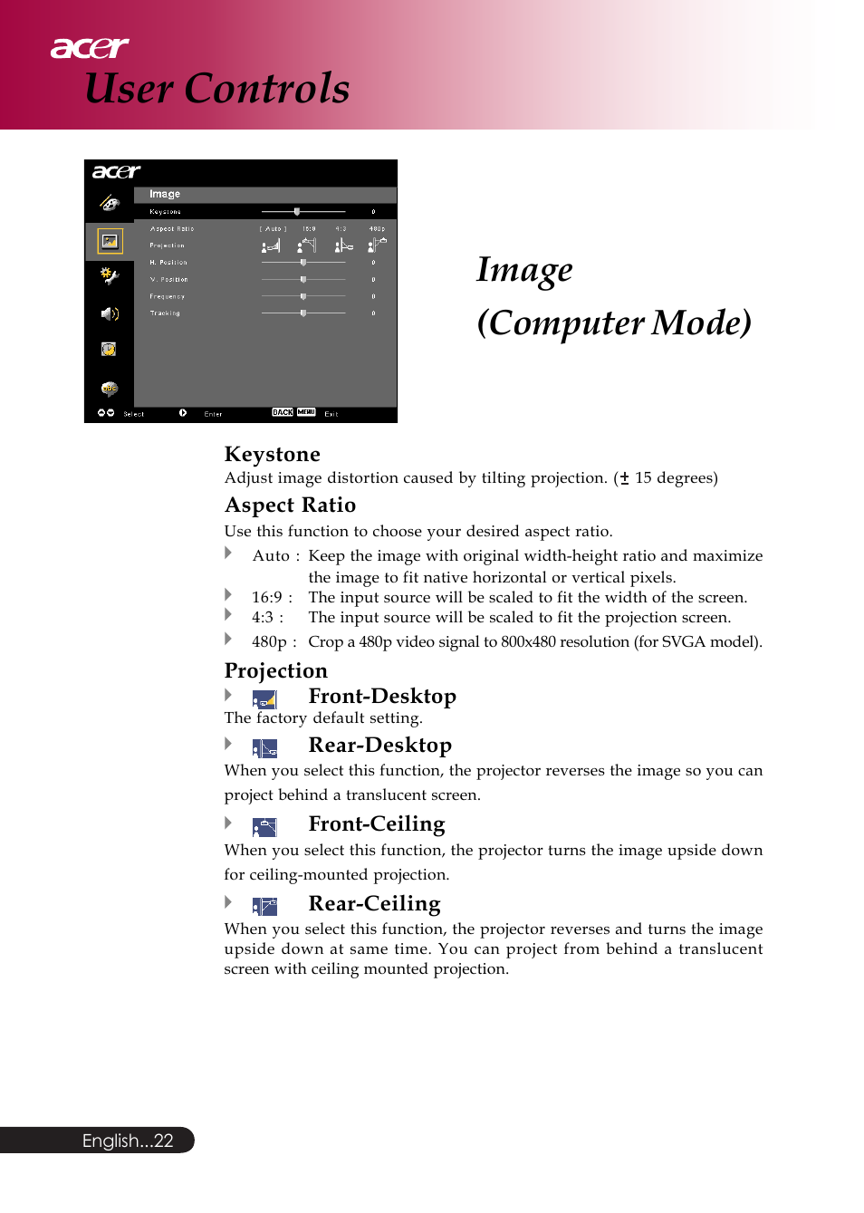 User controls, Image (computer mode) | Acer PD126D series User Manual | Page 24 / 47