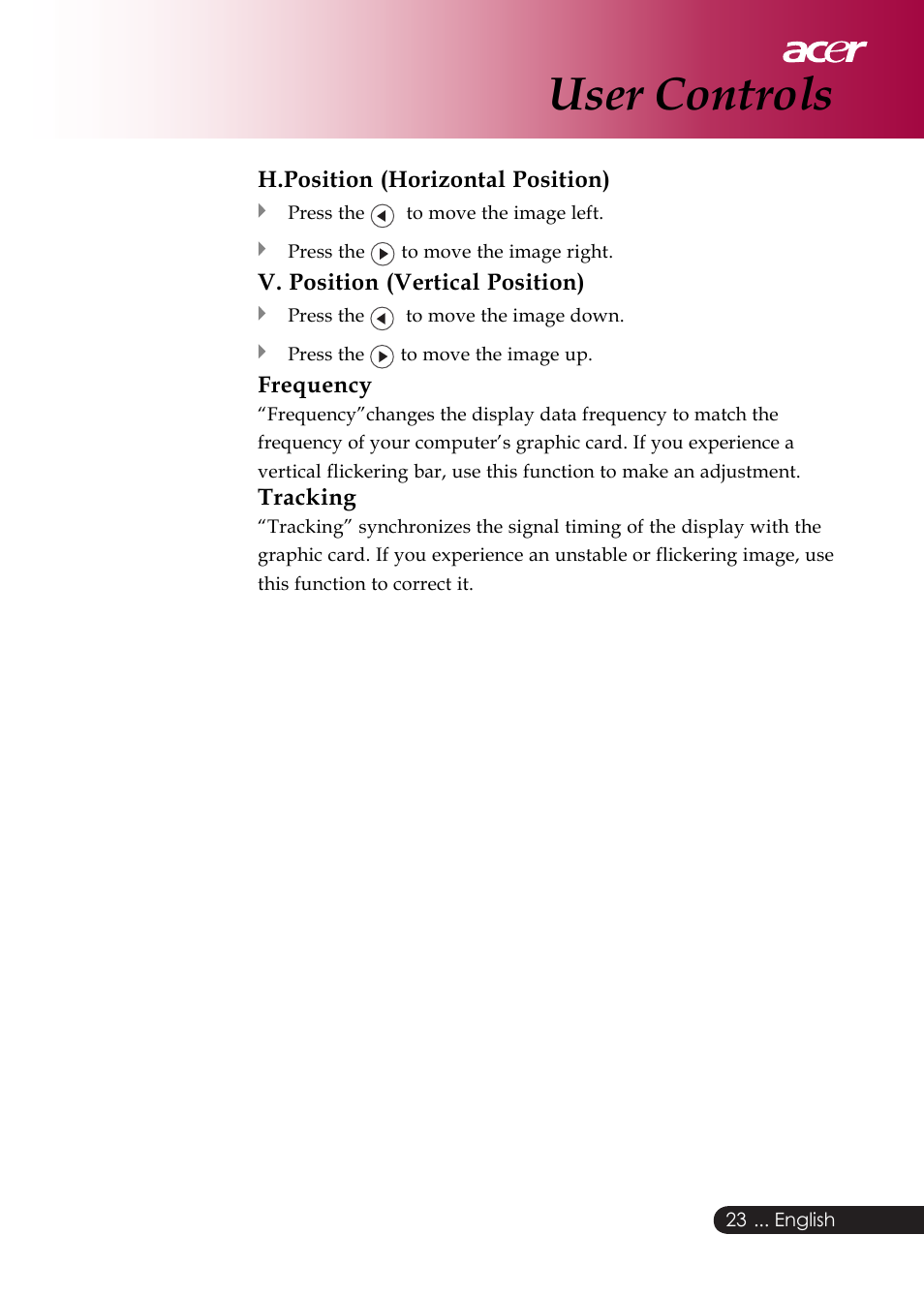 User controls | Acer PD126D series User Manual | Page 25 / 47