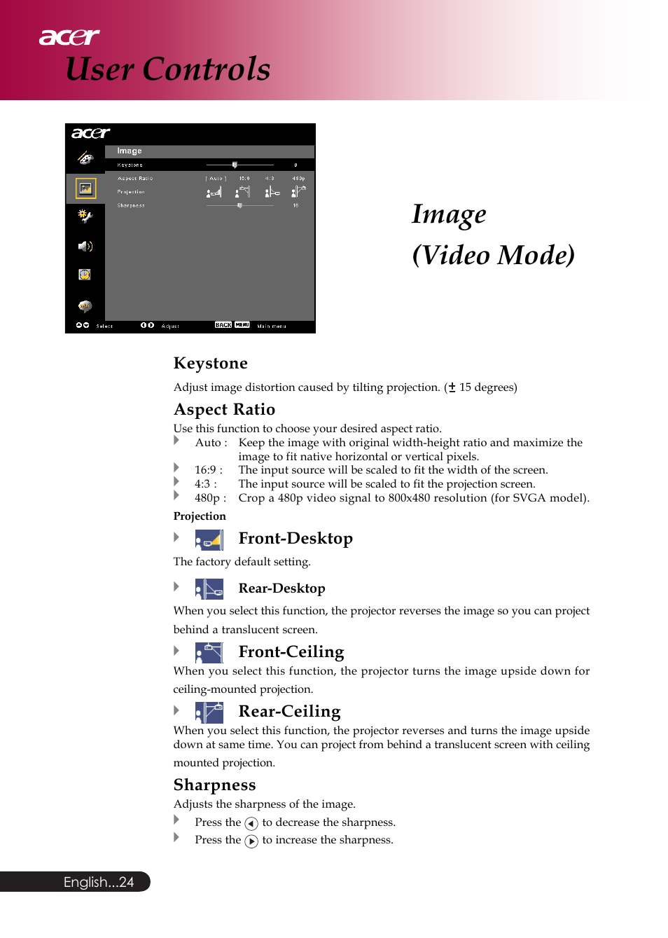 User controls, Image (video mode), Keystone | Aspect ratio, Front-desktop, Front-ceiling, Rear-ceiling, Sharpness | Acer PD126D series User Manual | Page 26 / 47