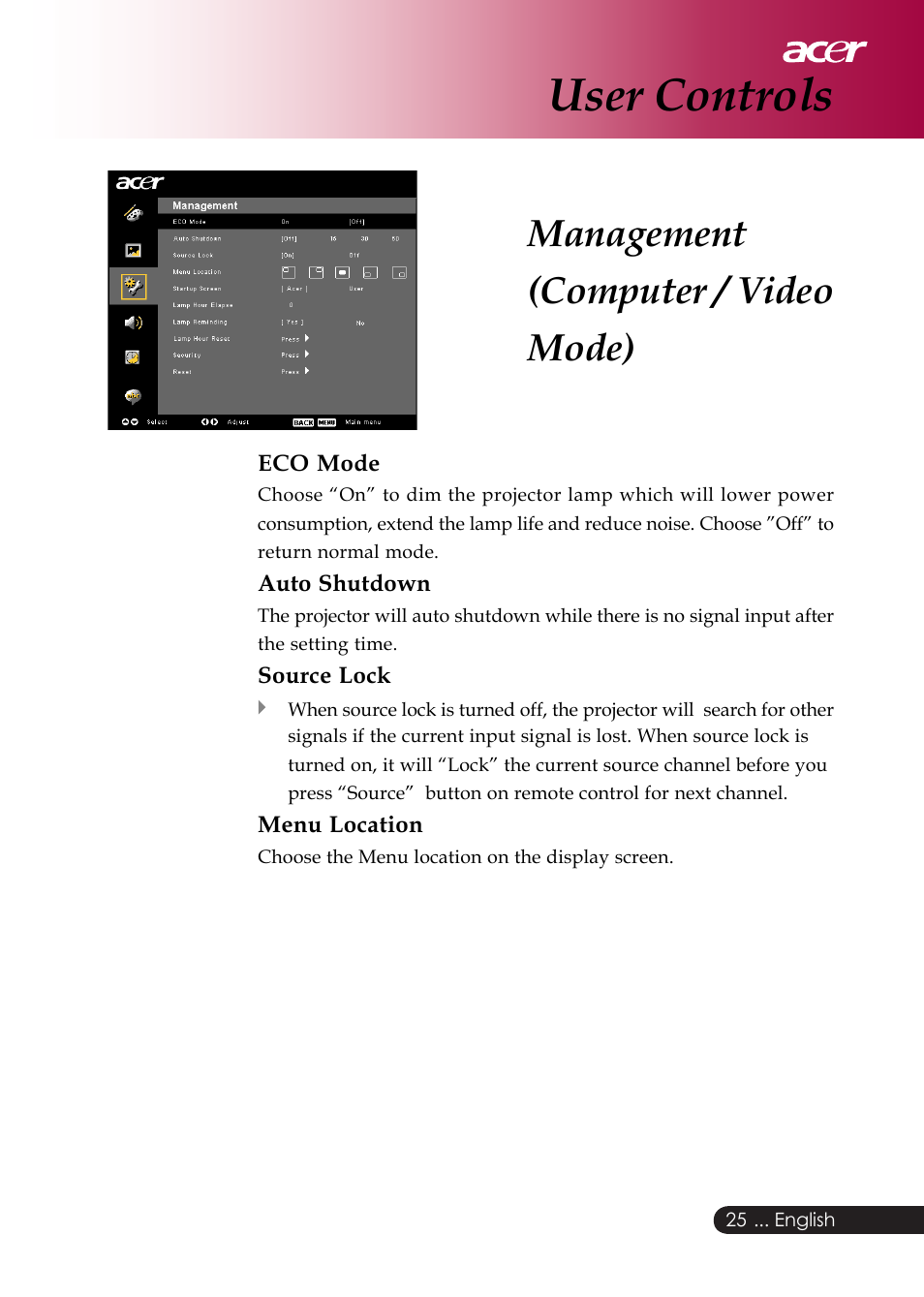 User controls, Management (computer / video mode) | Acer PD126D series User Manual | Page 27 / 47