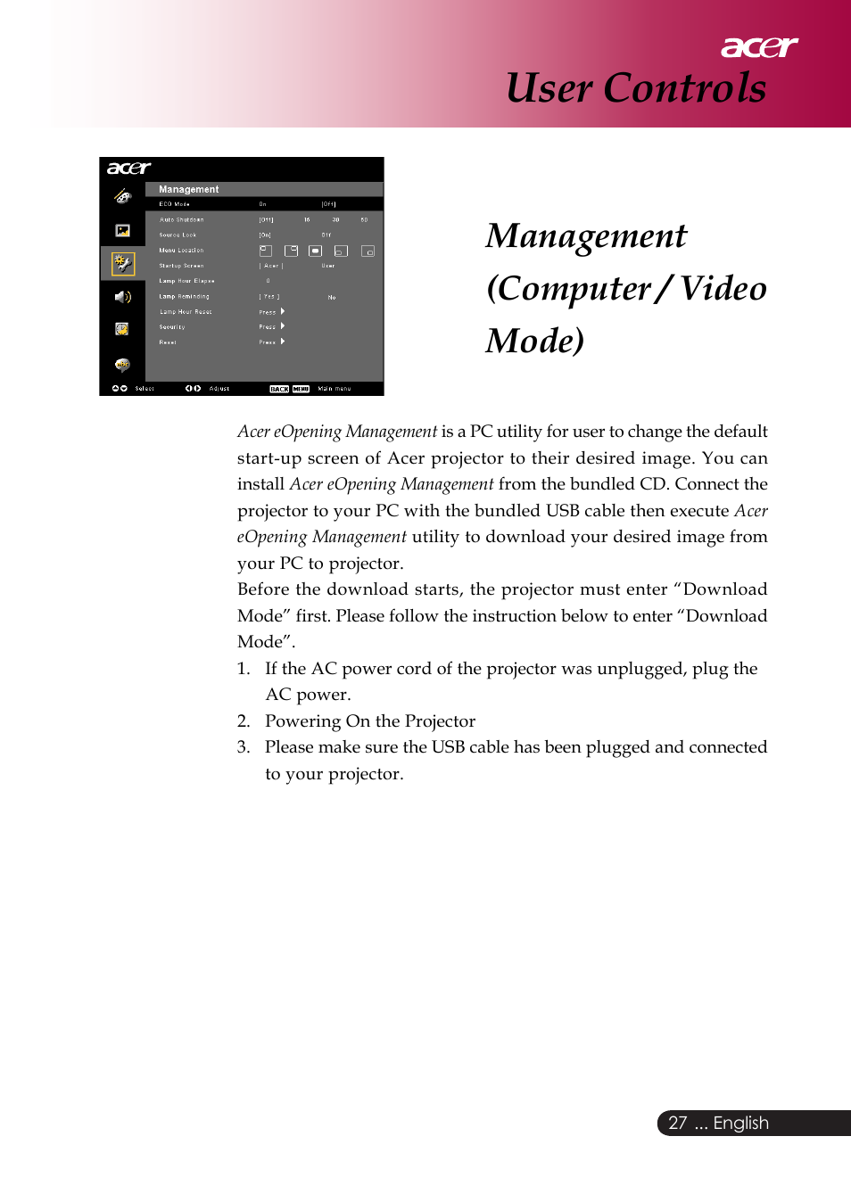 User controls, Management (computer / video mode) | Acer PD126D series User Manual | Page 29 / 47