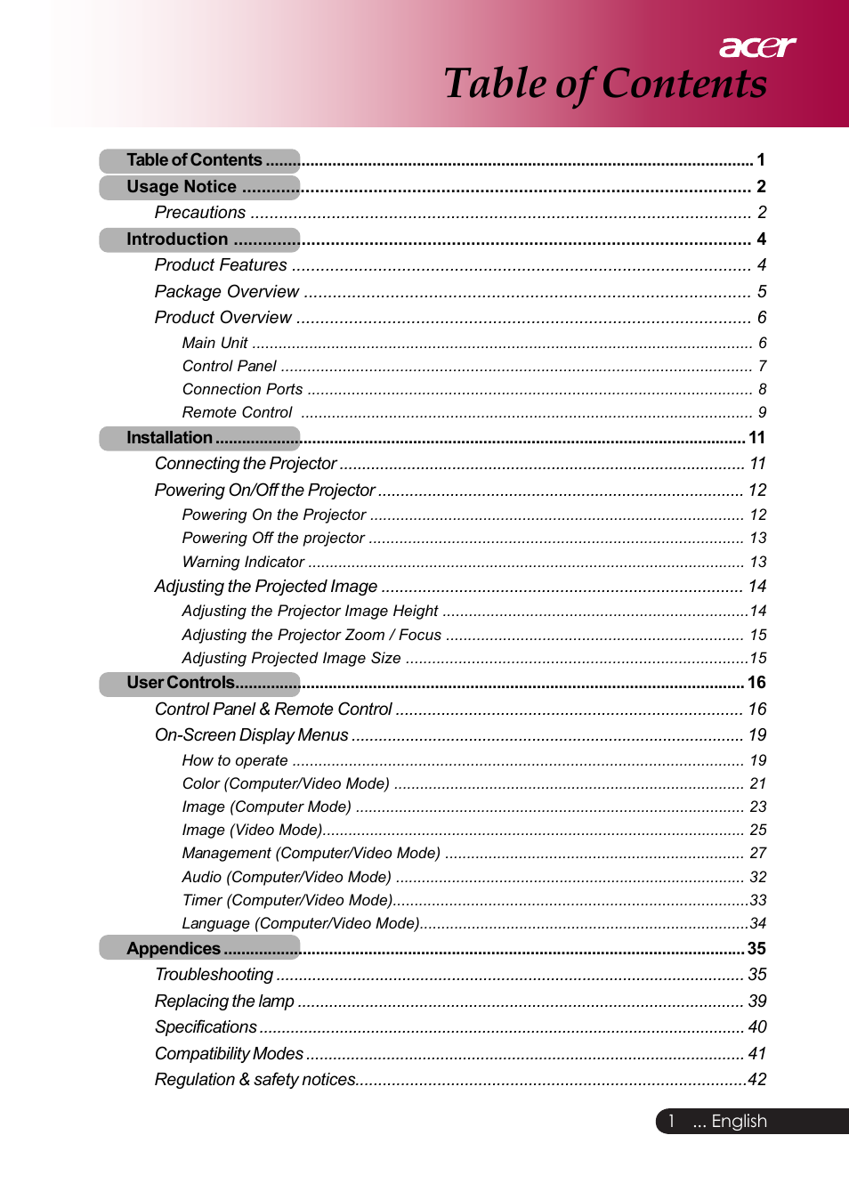 Acer PD126D series User Manual | Page 3 / 47