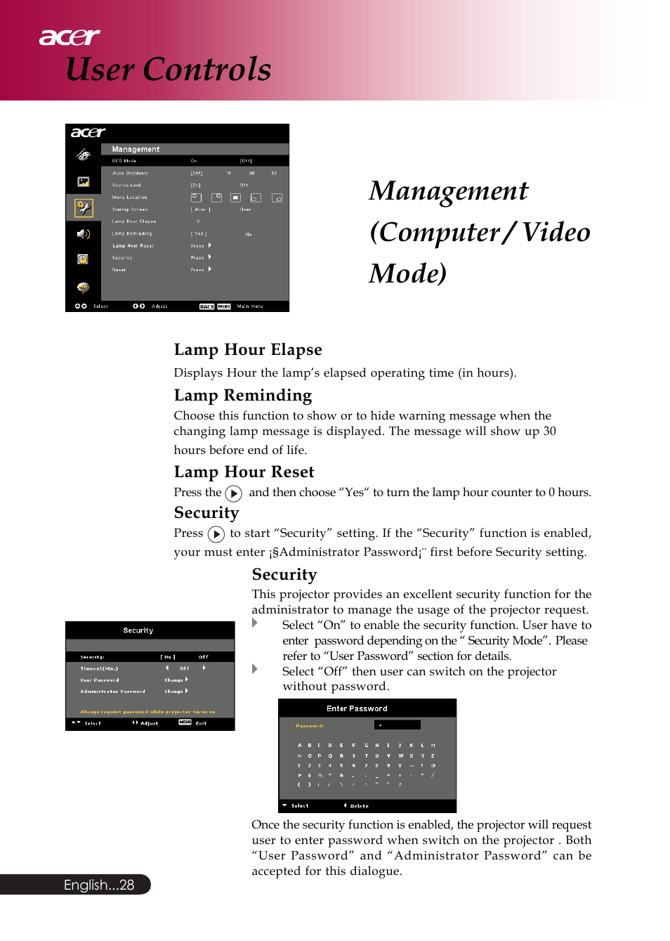 User controls, Management (computer / video mode) | Acer PD126D series User Manual | Page 30 / 47