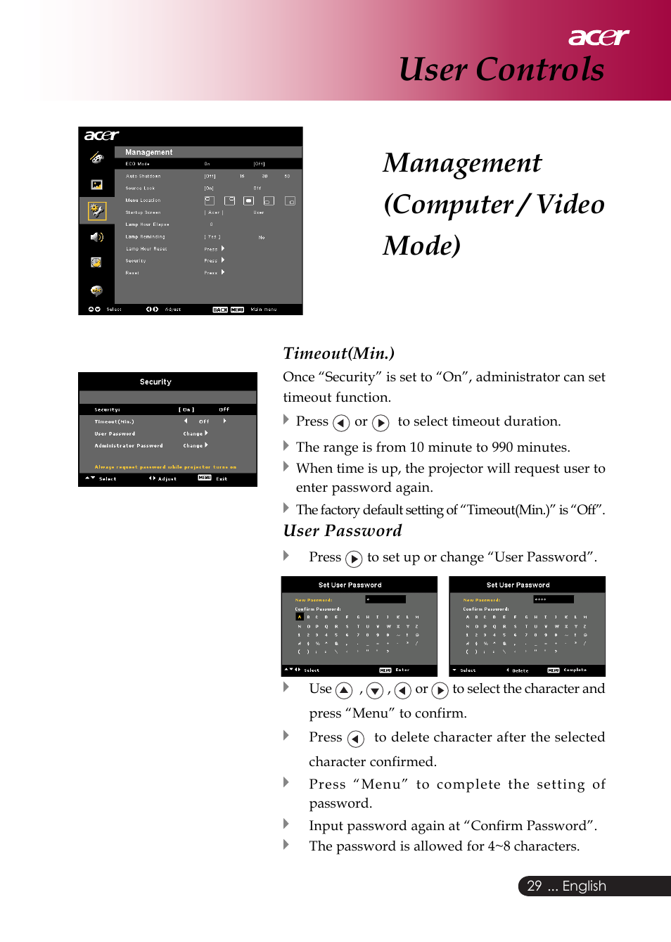 User controls, Management (computer / video mode) | Acer PD126D series User Manual | Page 31 / 47